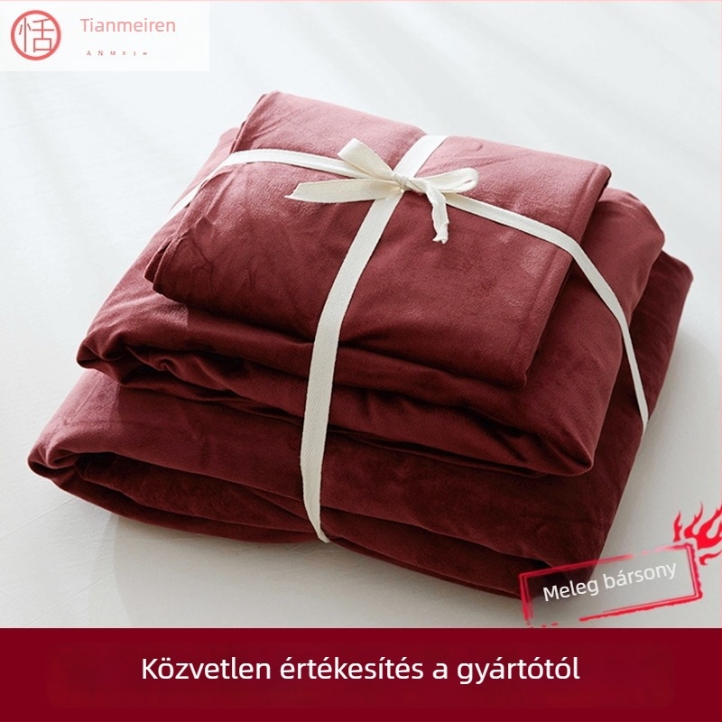 Velúr négy részes ágyneműhuzat-készlet rövid szálú flanelből, egyszínű, őszi-téli meleg, japán stílus