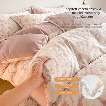 Tejszínű bársony 4 részes ágyneműhuzat garnitúra, 3D-relief, vastag fleece bélés, meleg téli használatra