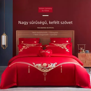 Vörös hímzett esküvői négyrészes ágynemű-készlet csíkos mintázattal