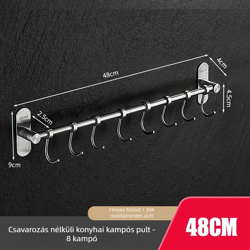 Konyhai falra szerelt edényfogó fogasokkal, 304 rozsdamentes acélból, csiszolt felület, modern minimalista stílus, tömege 412 g