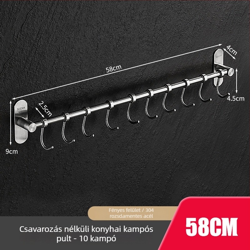 Konyhai falra szerelt edényfogó fogasokkal, 304 rozsdamentes acélból, csiszolt felület, modern minimalista stílus, tömege 412 g