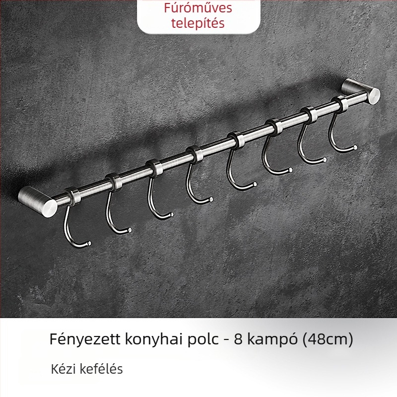 Konyhai falra szerelt edényfogó fogasokkal, 304 rozsdamentes acélból, csiszolt felület, modern minimalista stílus, tömege 412 g