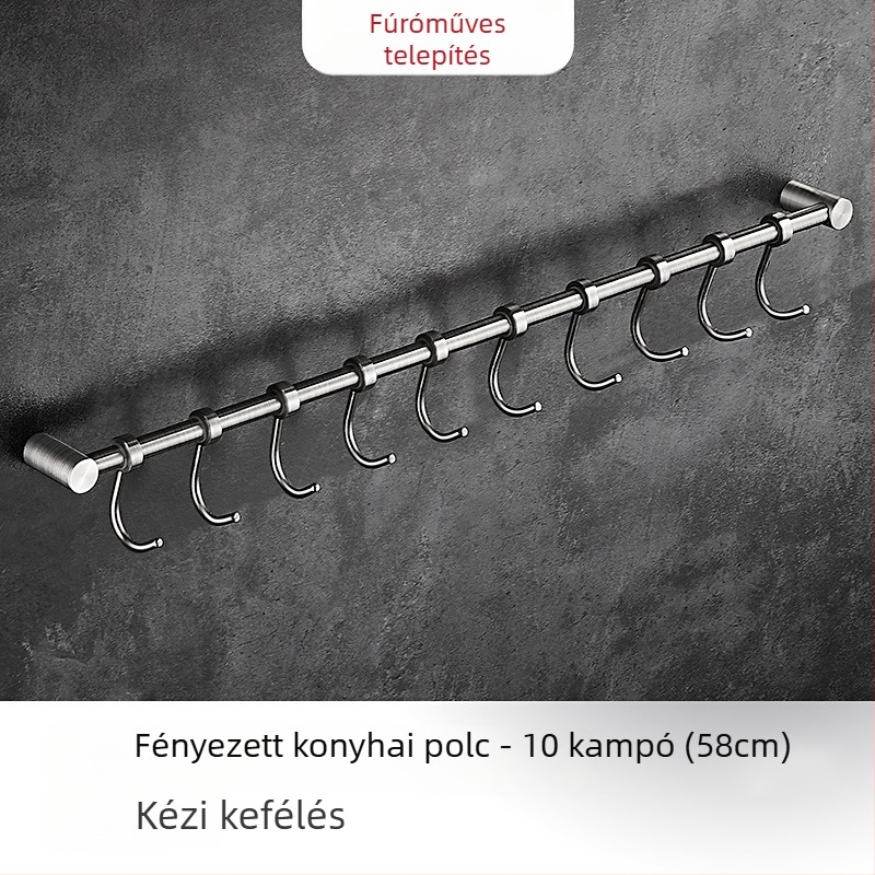 Konyhai falra szerelt edényfogó fogasokkal, 304 rozsdamentes acélból, csiszolt felület, modern minimalista stílus, tömege 412 g