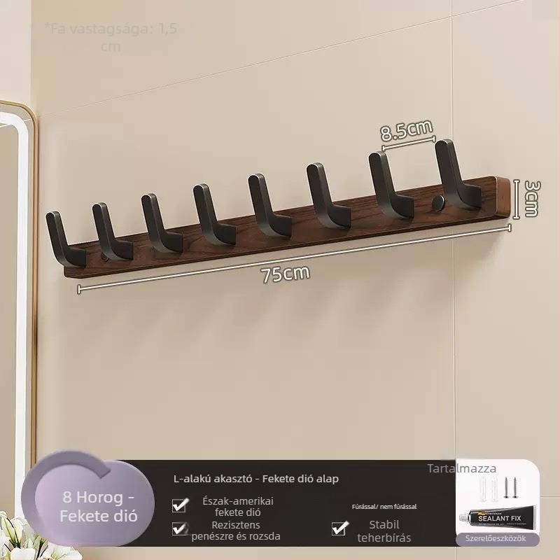 Tömörfa falra szerelhető ruhakasztó, egylukú, könnyű luxus stílus; anyagok: tömörfa és műanyag; teherbírás max. 10 kg; felfüggesztés: fúrással