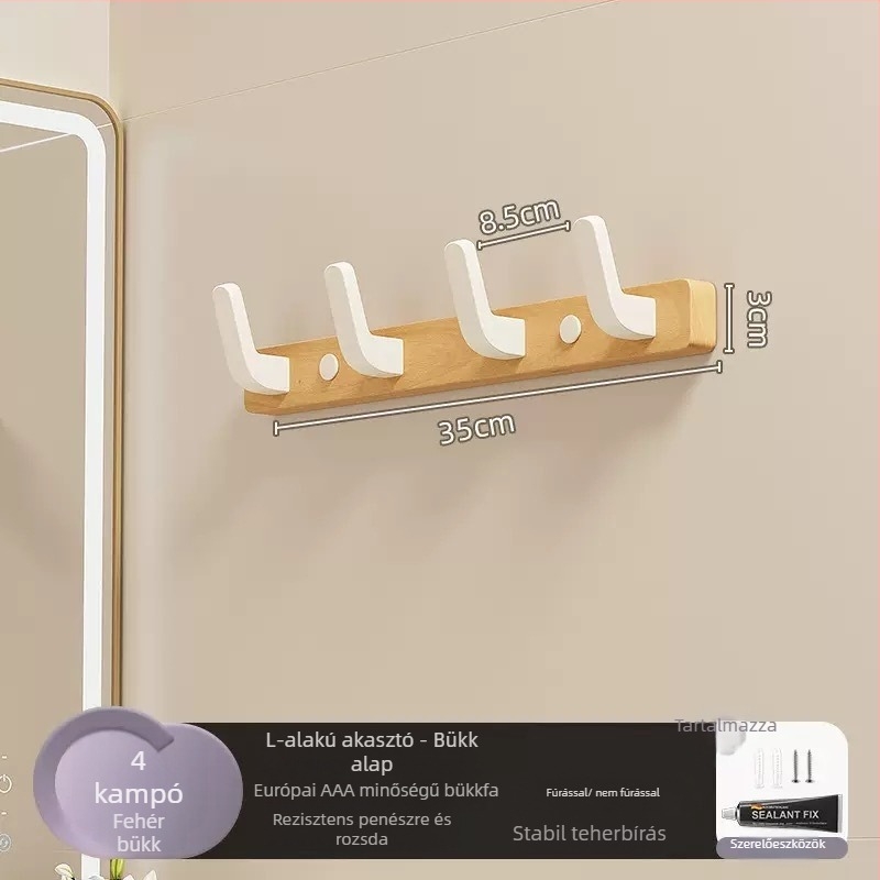 Tömörfa falra szerelhető ruhakasztó, egylukú, könnyű luxus stílus; anyagok: tömörfa és műanyag; teherbírás max. 10 kg; felfüggesztés: fúrással