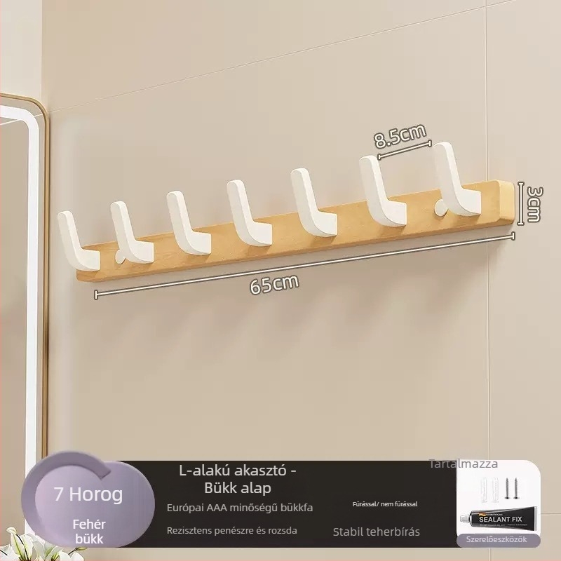 Tömörfa falra szerelhető ruhakasztó, egylukú, könnyű luxus stílus; anyagok: tömörfa és műanyag; teherbírás max. 10 kg; felfüggesztés: fúrással