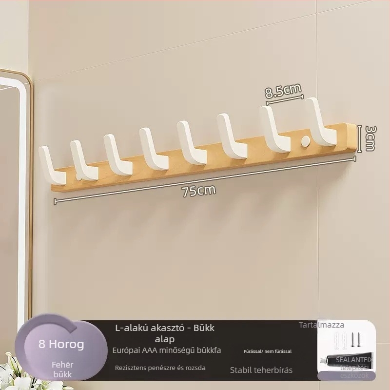 Tömörfa falra szerelhető ruhakasztó, egylukú, könnyű luxus stílus; anyagok: tömörfa és műanyag; teherbírás max. 10 kg; felfüggesztés: fúrással