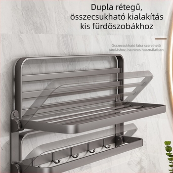 Űrminőségű alumínium kétszintes falra szerelhető törölközőtartó, fúrás nélkül, gunmetal szürke, fürdőszoba