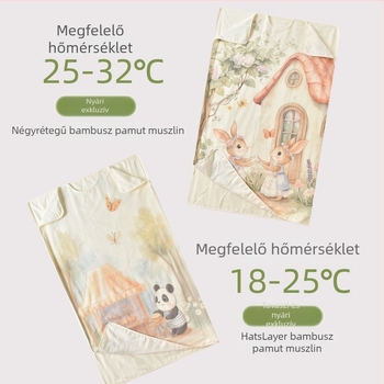 Gyerekeknek szóló alvózsák bambusz-pamut géz anyagból, könnyű takaróval; tavasz–ősz használatra; nyári vékony verzió, egész éves dizájn