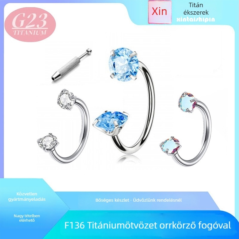 Titánium ötvözet orr-karika – patkó alakú rúd, kétoldalas, belső menet, cirkón beépítés, G23 tisztaság