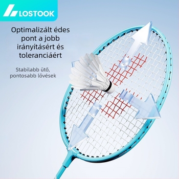 Badminton ütő – két ütőből álló készlet vasötvözetes vázzal, nylon húrokkal, 95–100 g tömeg, habos markolat, közvetlen ütés