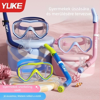 Gyerekeknek szóló úszószemüveg készlet – vízálló, tartalmaz szemüveg, maszk és sznorkel, fél-száraz búvár felszerelés, anyagok: PC, edzett üveg, folyékony szilikon