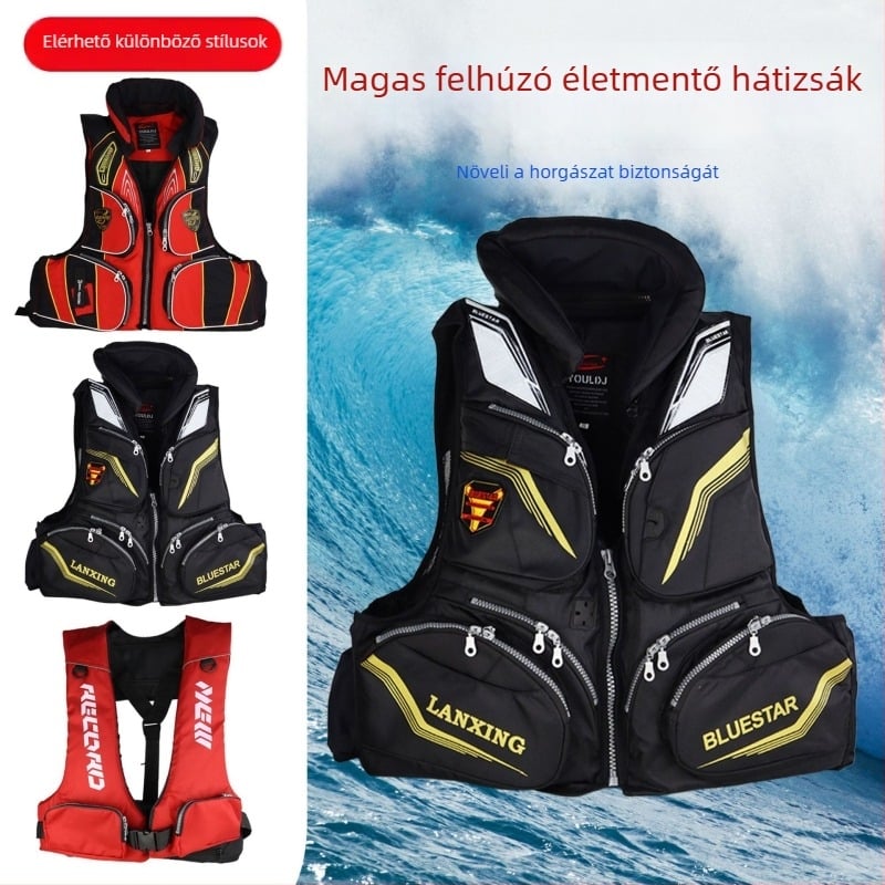 Felnőtt életmentő mellény nagy úszóerővel, tengeri horgászathoz és szörfözéshez, Oxford anyag, 6 fedett zseb, 60-as specifikáció