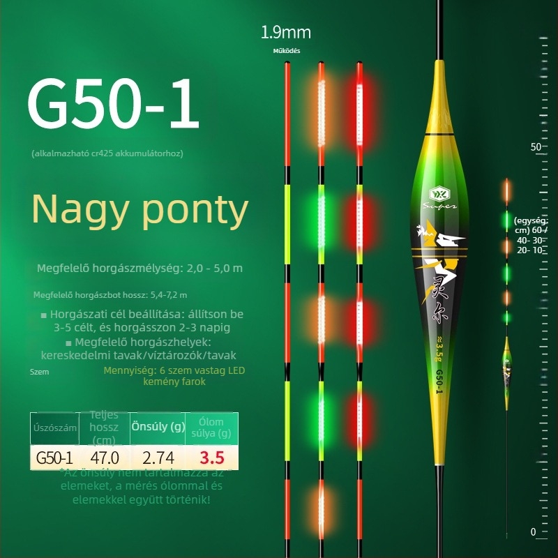LED-es harapásjelző úszó, színváltó fény, elektronikus, nagy érzékenységű, nappali és éjszakai horgászathoz