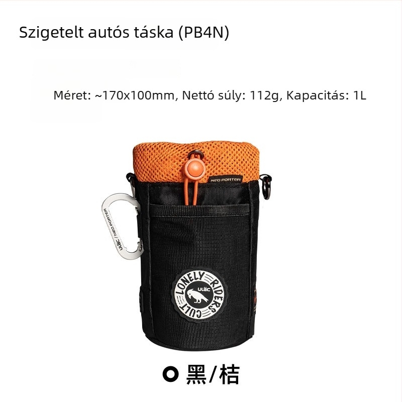 Kerékpáros táska szigetelt palacktartóval, vászon anyag, kapacitás 1L/1,1L, PB1/PB4 modellek, előtti vázon tároló