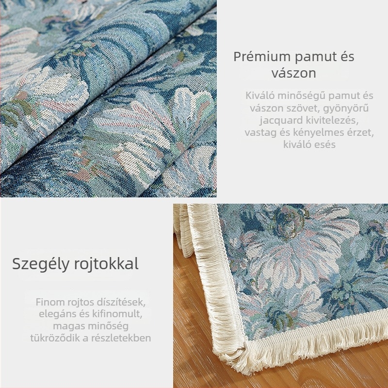 Pastorális dekoratív hosszú asztali futó vastag anyagból, amely imitálja a pamut-len összetételt, rojtos széle, otthoni használatra vagy TV-szekrény lefedésére