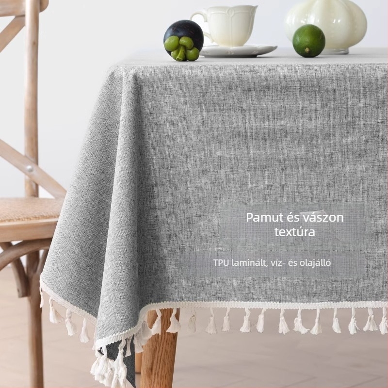 Moderne minimalista pamut–len asztalterítő bojtokkal, vízálló és olajálló, téglalap alakú dohányzóasztalra, egyszínű.