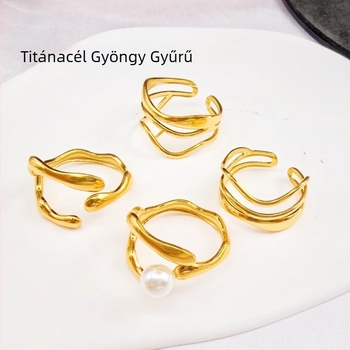 Nyitott gyöngy gyűrű, titánium acél, hullámos dizájn, 18K aranyozás