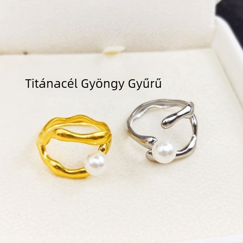 Nyitott gyöngy gyűrű, titánium acél, hullámos dizájn, 18K aranyozás