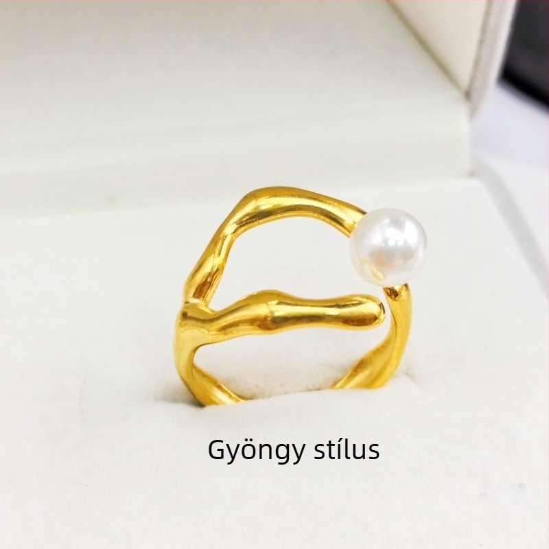 Nyitott gyöngy gyűrű, titánium acél, hullámos dizájn, 18K aranyozás