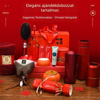 Kerámiából készült termoszos bögrés és törölköző ajándékcsomag, etnikus stílus, esküvőre és üzleti ajándékokhoz