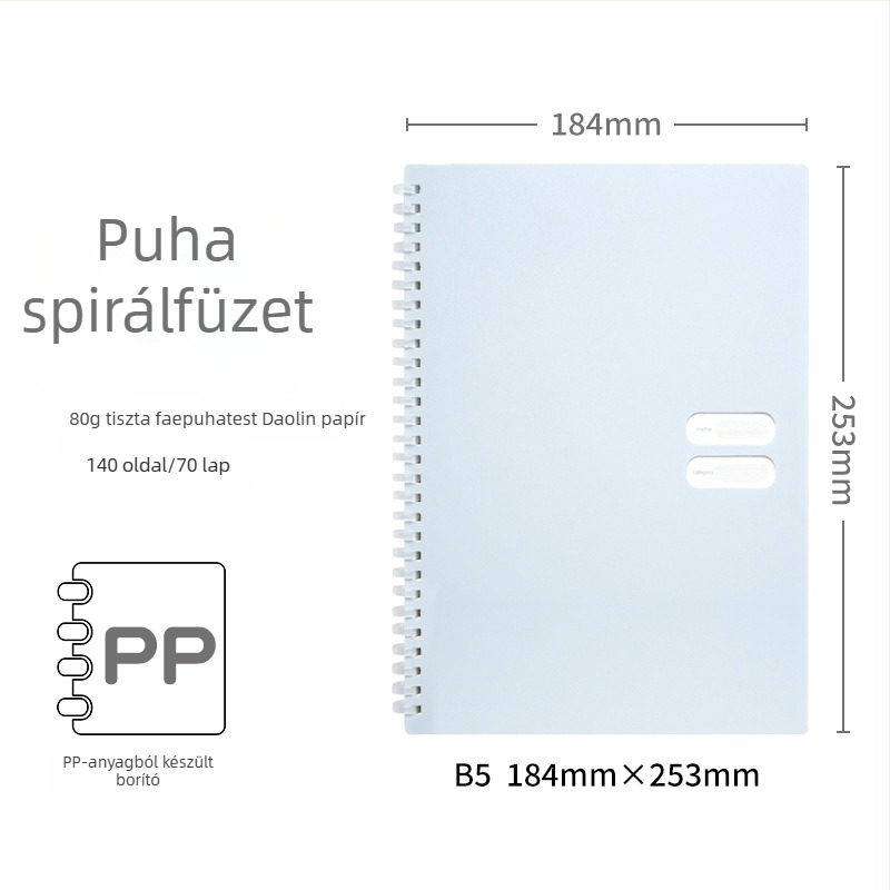 Spirálisan kötött jegyzetfüzet puha PP borítóval, modell 833, 140 oldal szöveges papír, 80 g/m²