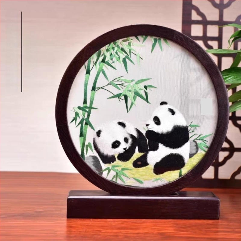 Suzhou hímzés asztali képernyő, kézzel hímzett, kétoldalas fa dekor chicken-wingwood stílusban, modern minimalista