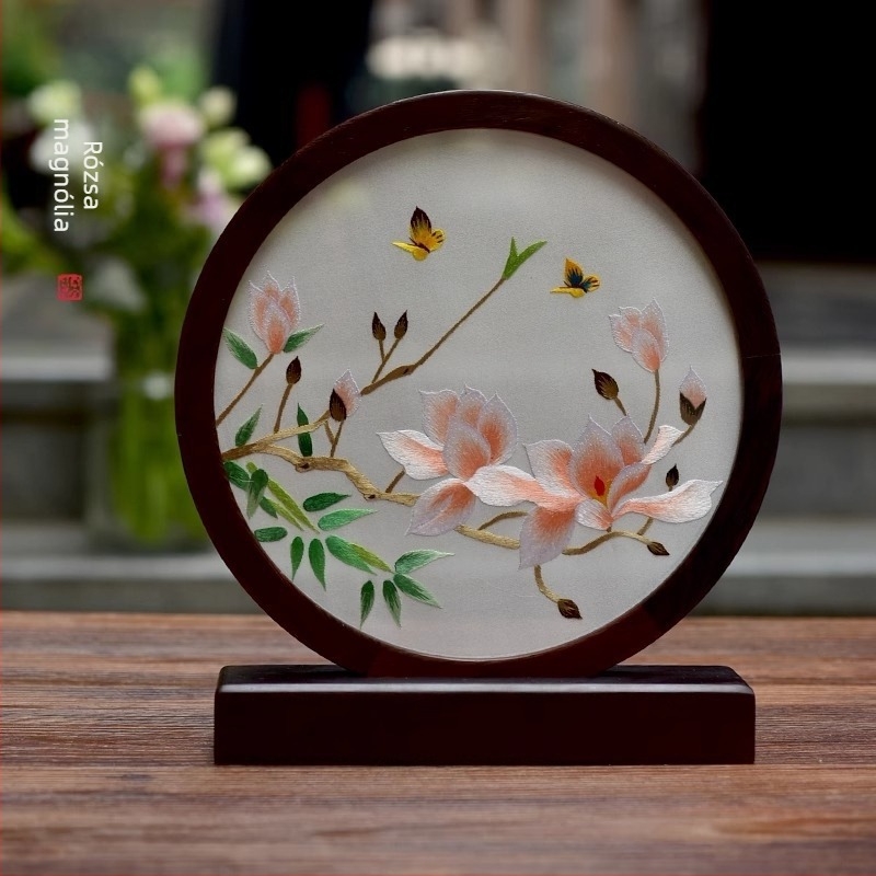 Suzhou hímzés asztali képernyő, kézzel hímzett, kétoldalas fa dekor chicken-wingwood stílusban, modern minimalista