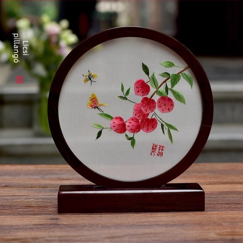 Suzhou hímzés asztali képernyő, kézzel hímzett, kétoldalas fa dekor chicken-wingwood stílusban, modern minimalista