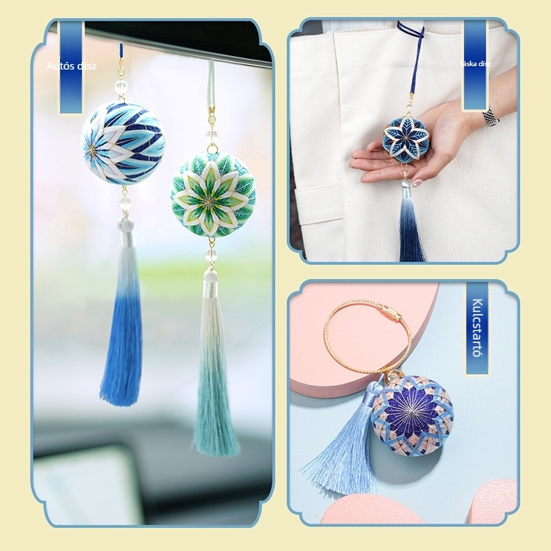 Temari gömb DIY hímzőkészlet — kulcstartó és nyugalom-talismanos zacskó, ajándék a barátodnak