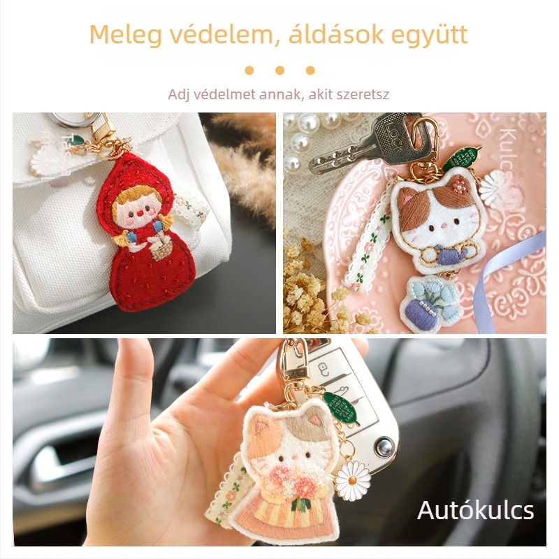 Lenvászonra készült DIY hímzőkészlet gyöngyhímzéshez; aranyos rajzfilmkarakter kulcstartó és táskadísz medál.