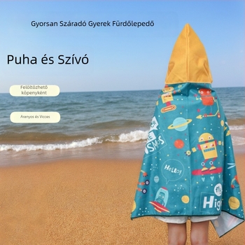 Gyerekeknek szóló kapucnis törölköző Cape-stílusban, mikroszálas, gyorsan száradó, nyomtatott mintával, csattal záródó, 240gsm