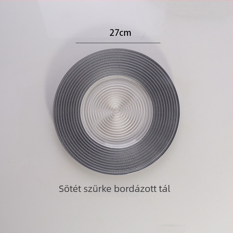 Üveg tányér, európai stílusú fémes perimmel, kerek, elektroplattázott felülettel, szállodai dekorációhoz