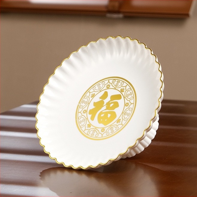 Műanyag gyümölcs- és édességtál kontúros szegéllyel, kínai stílusú, Buddha és a Vagyon Istene felajánlásokhoz, otthoni használatra