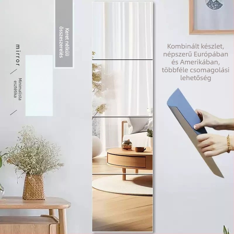 Öntapadós falikép-tükör, minimalistikus hálószobai tükör, geometriai absztrakt mintával, víz- és olajálló, akril, világosszürke, 2,0 mm ívelt sarkok, 1 darab