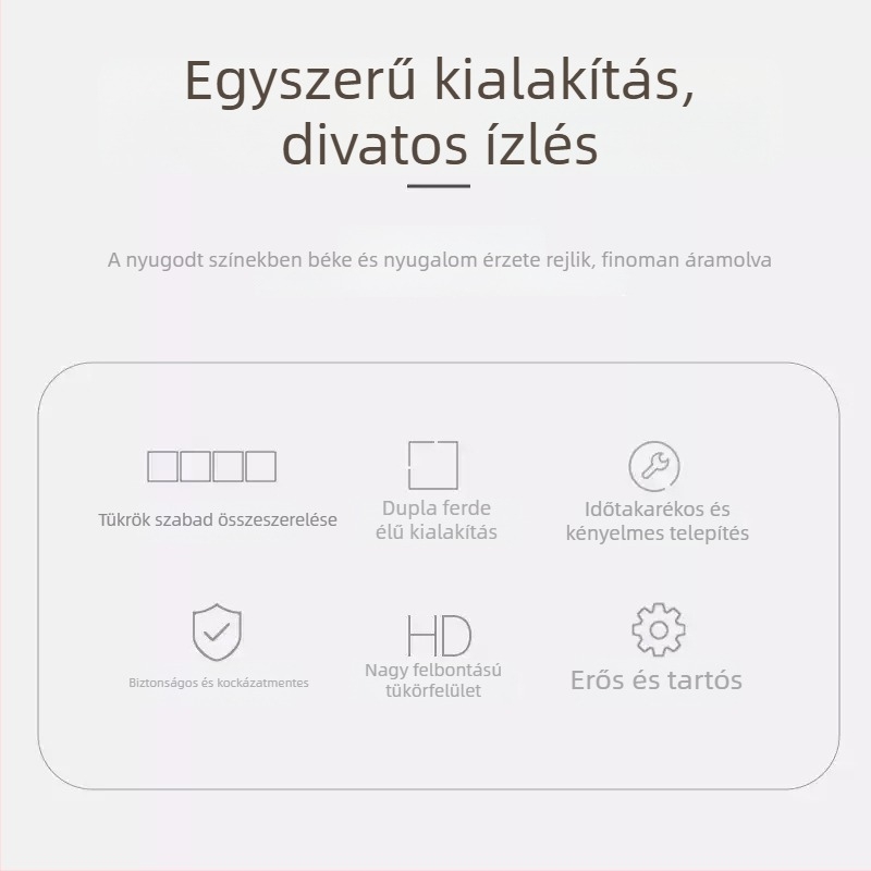 Öntapadós falikép-tükör, minimalistikus hálószobai tükör, geometriai absztrakt mintával, víz- és olajálló, akril, világosszürke, 2,0 mm ívelt sarkok, 1 darab