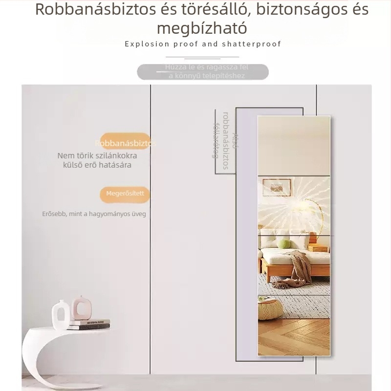 Öntapadós falikép-tükör, minimalistikus hálószobai tükör, geometriai absztrakt mintával, víz- és olajálló, akril, világosszürke, 2,0 mm ívelt sarkok, 1 darab
