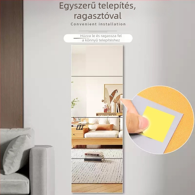 Öntapadós falikép-tükör, minimalistikus hálószobai tükör, geometriai absztrakt mintával, víz- és olajálló, akril, világosszürke, 2,0 mm ívelt sarkok, 1 darab