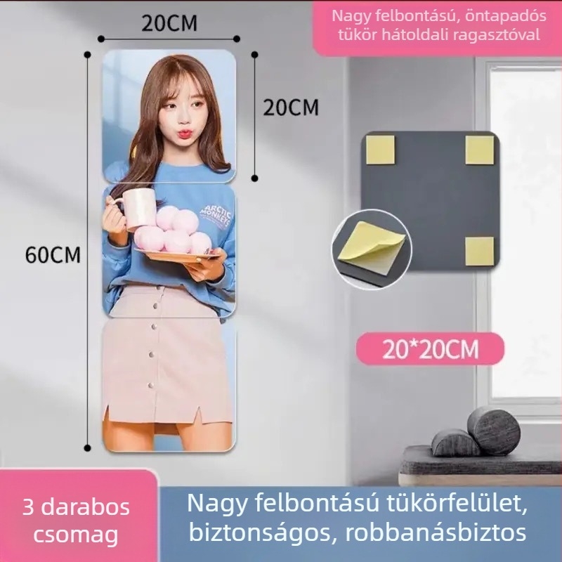 Öntapadós falikép-tükör, minimalistikus hálószobai tükör, geometriai absztrakt mintával, víz- és olajálló, akril, világosszürke, 2,0 mm ívelt sarkok, 1 darab