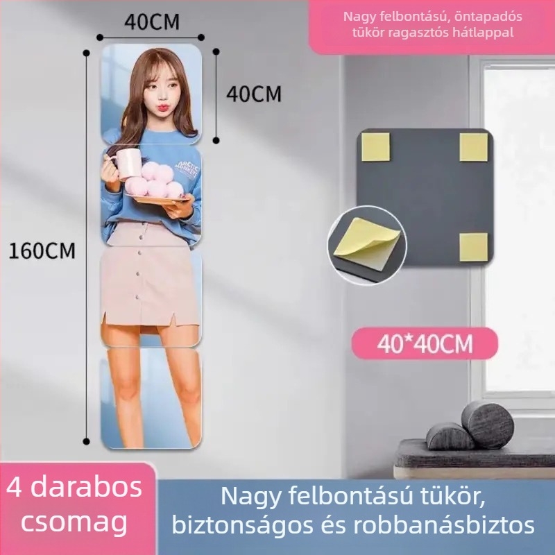 Öntapadós falikép-tükör, minimalistikus hálószobai tükör, geometriai absztrakt mintával, víz- és olajálló, akril, világosszürke, 2,0 mm ívelt sarkok, 1 darab