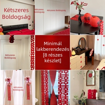 Esküvői hálószoba dekorációs készlet – egyszerű és elegáns ágytámla mögötti fal dekor, textil díszítés és boldog feliratú matricák