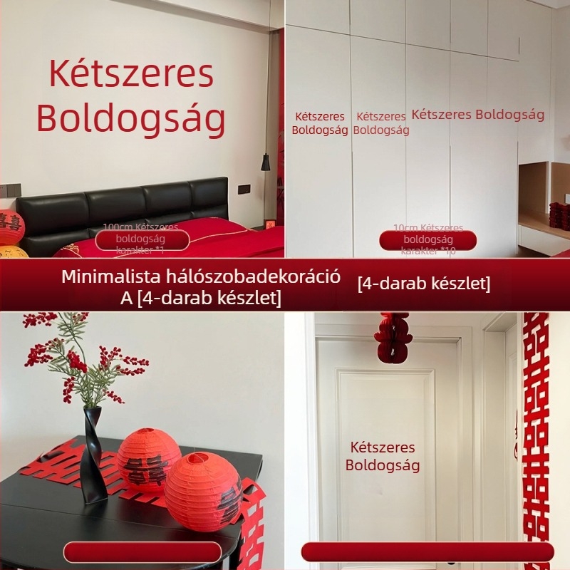 Esküvői hálószoba dekorációs készlet – egyszerű és elegáns ágytámla mögötti fal dekor, textil díszítés és boldog feliratú matricák