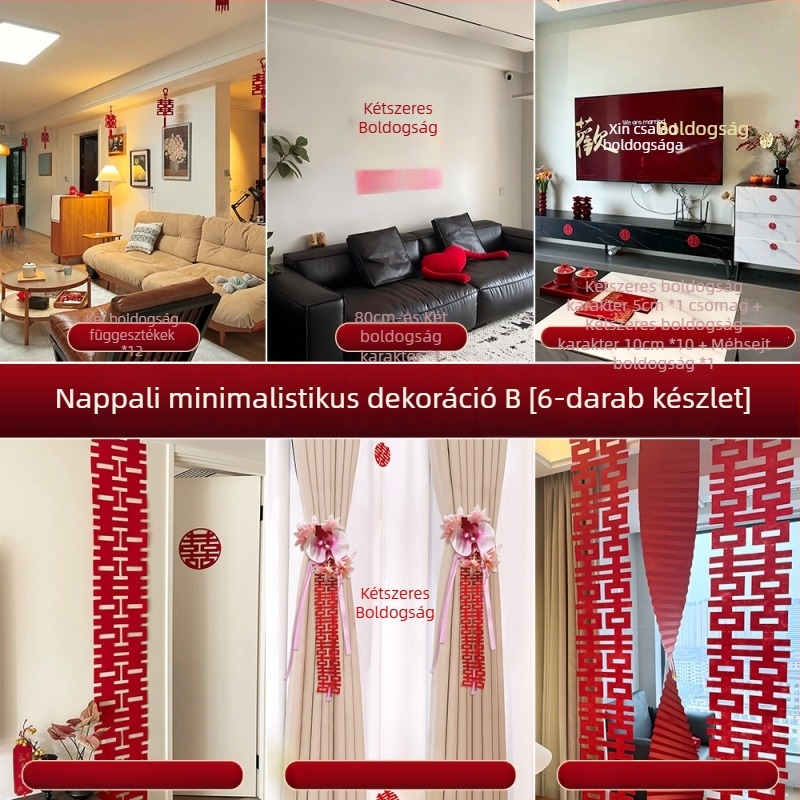 Esküvői hálószoba dekorációs készlet – egyszerű és elegáns ágytámla mögötti fal dekor, textil díszítés és boldog feliratú matricák