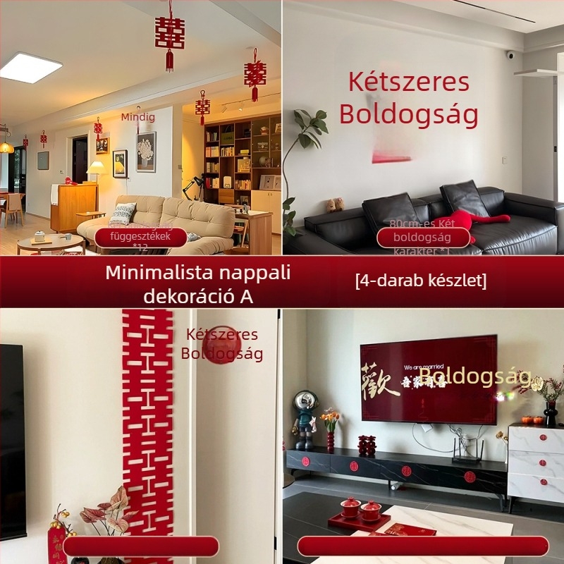 Esküvői hálószoba dekorációs készlet – egyszerű és elegáns ágytámla mögötti fal dekor, textil díszítés és boldog feliratú matricák