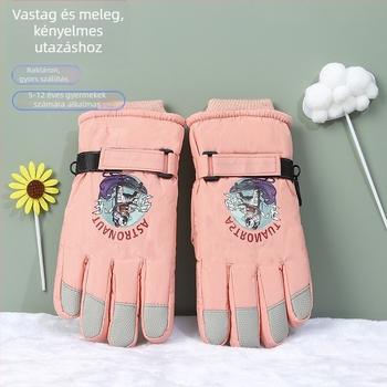 10-13 éves gyerekek téli síkesztyűi, rajzfilm mintával, vízálló, csúszásmentes, meleg fleece béléssel