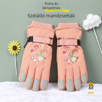10-13 éves gyerekek téli síkesztyűi, rajzfilm mintával, vízálló, csúszásmentes, meleg fleece béléssel