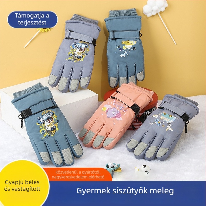 10-13 éves gyerekek téli síkesztyűi, rajzfilm mintával, vízálló, csúszásmentes, meleg fleece béléssel