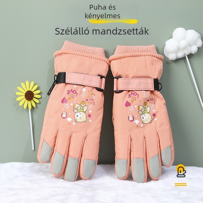 10-13 éves gyerekek téli síkesztyűi, rajzfilm mintával, vízálló, csúszásmentes, meleg fleece béléssel