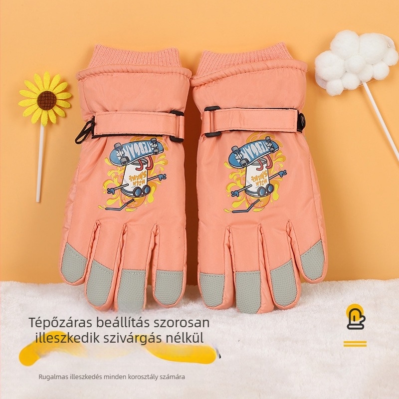 10-13 éves gyerekek téli síkesztyűi, rajzfilm mintával, vízálló, csúszásmentes, meleg fleece béléssel