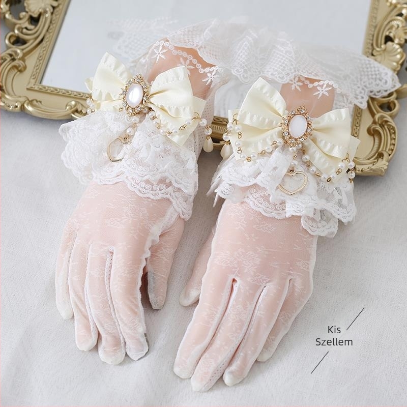 Lolita kesztyű csipkés masnival és gyöngy lánccal, külön ujjak, UV védelem, retro elegáns stílus, pamut alap és Ice Silk anyag